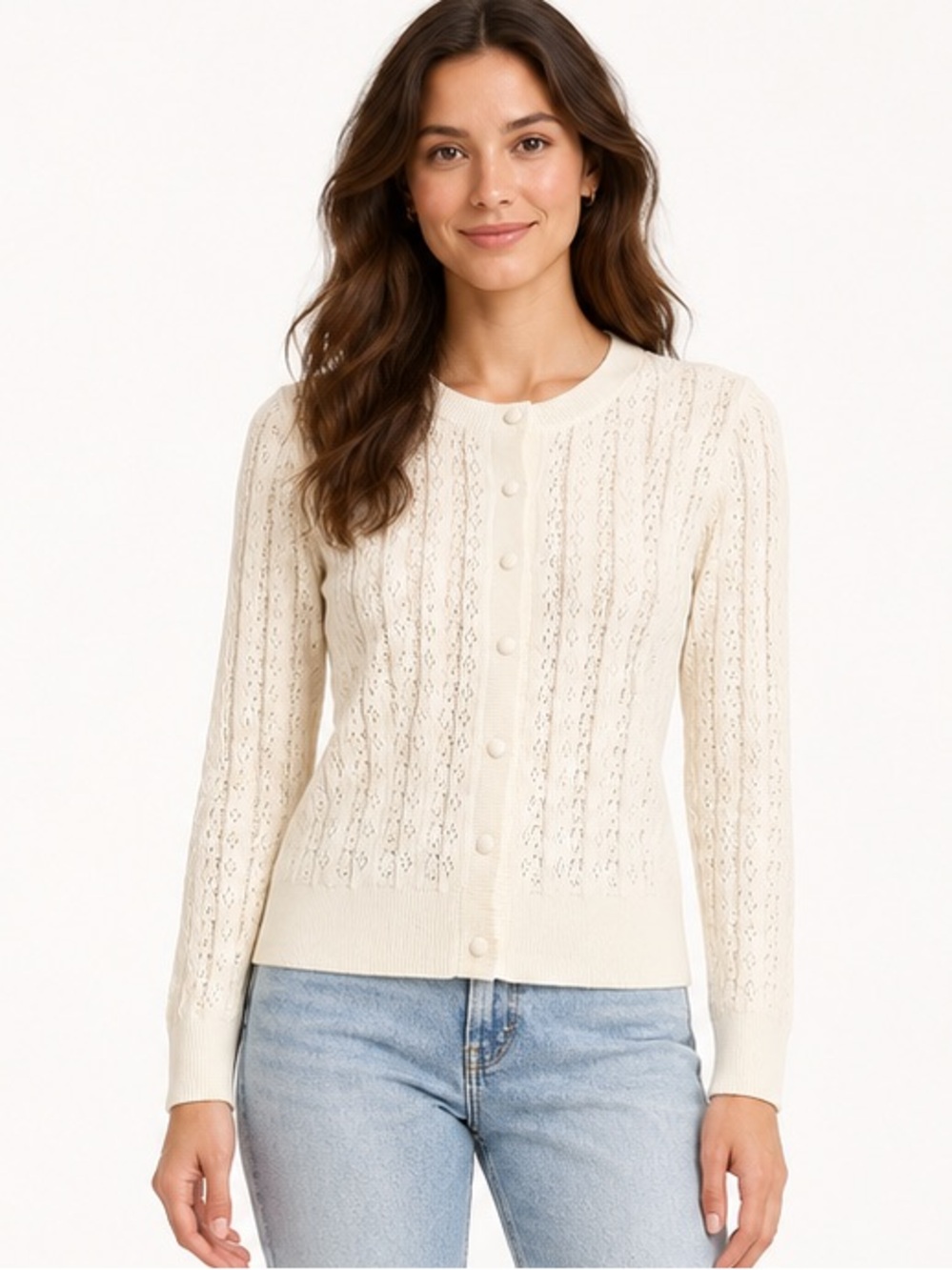And Now This Cream Pointelle Button Front Cardigan Size XS